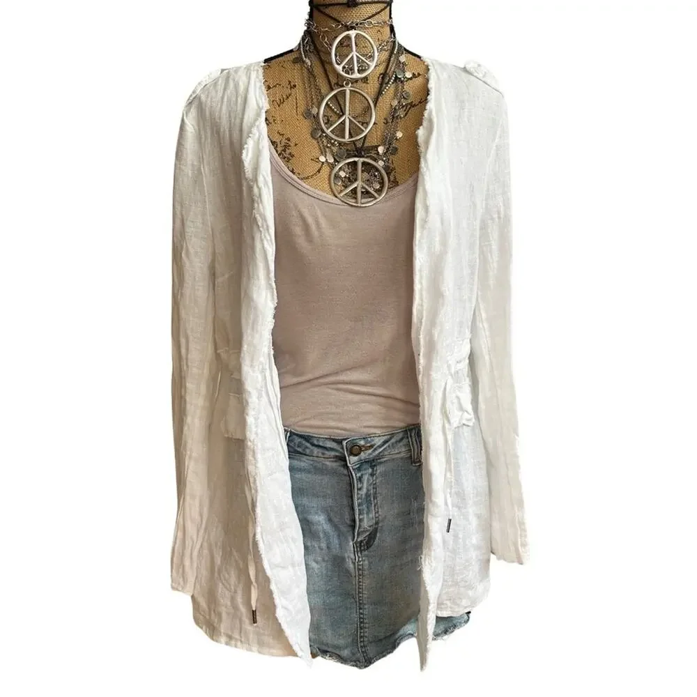 BACI - ITALIAN ORGANIC LINEN women's white jacket cardigan size MEDIUM - Picture 2 of 10